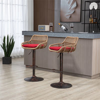 Swivel Bar Stools Set of 2 Adjustable Counter Height Bar Stools, Retro PE Rattan Bar Chair Upholstered Barstools with Footrest and Metal Base for Home Pub Kitchen Island and Dining Room, Red