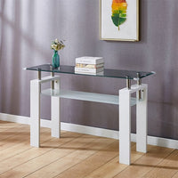 Rectangle Glass Console Table, Modern Clear Cocktail Table with Tempered Glass Top and Open Storage Shelf, Multifunctional 2-Tier Coffee Table with Steel Legs for Living Room Office Bedroom, White