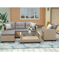 4 Piece Outdoor Patio Furniture Sets, Wicker Ratten Sectional Sofa Armchair with Seat Cushions, Conversation Set for Backyard Garden Lawn Balcony Pool, Beige Brown