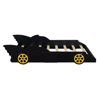 Twin Size Race Car-Shaped Platform Bed with Wheels, Wood Platform Bed with Wood Slats Support, Floor Bed for Kids Boys Girls, No Box Spring Required, Black+Yellow