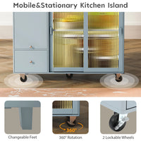 Kitchen Island with Drop Leaf, Modern LED Light Kitchen Cart on Wheels with 2 Fluted Glass Doors and 1 Flip Cabinet Door, 44" Large Kitchen Island Cart with an Adjustable Shelf and 2 Drawers, Gray