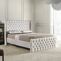King Size Upholstered Platform Bed,Velvet Fabric Bed Frame with Button Tufted Headboard,Wingback Platform Bed with Wooden Slats,White