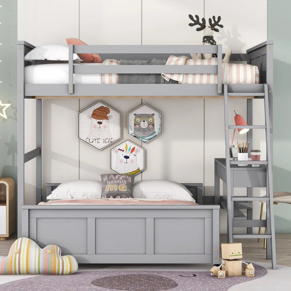 Full Over Full Bunk Beds with Desk and Drawers, Wood Full Size Loft Bed, L-Shaped Bunk Bed for Kids Boys Girls Teens Bedroom, Gray