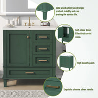 30" Bathroom Vanity in Green, Modern Bathroom Cabinet with Sink Combo Set, Bathroom Storage Cabinet with a Soft Closing Door and 3 Drawers, Solid Wood Frame&MDF