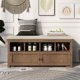 Storage Bench, Rustic Style 2-Door Storage Bench with 4 Small Storage Spaces and Linen Upholstered Top Cushion, Wood Storage Bench for Entryway, Foyer or a Mudroom, Brown & Beige