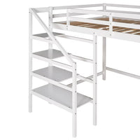 Full Size Loft Bed with Built-in Storage Staircase and Hanger for Clothes,High Wood Loft Bed Frame with Full Length Guard Rail, No Box Spring Needed,for Kids,Teens