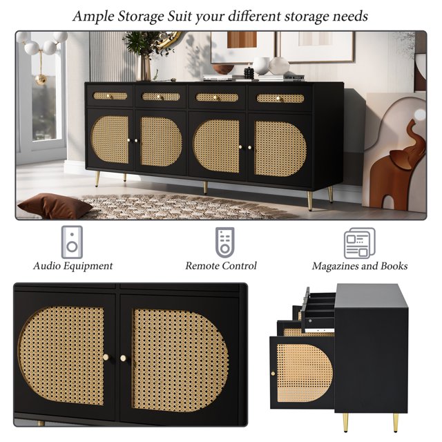 TV Stand with Rattan Door, Console Sideboard Cabinet with 4 Doors and 4 Drawers,Media Accent Kitchen Storage Cabinet,Country Style Design Side Board with Gold Metal Base for Living Room