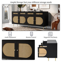 TV Stand with Rattan Door, Console Sideboard Cabinet with 4 Doors and 4 Drawers,Media Accent Kitchen Storage Cabinet,Country Style Design Side Board with Gold Metal Base for Living Room
