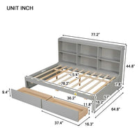 Full Daybed with Storage Bookcase, Wood Platform Bed with 2 Drawers on Casters, Full Sofa Bed Frame for Kids Girls Boys, No Box Spring Needed, 250 lbs Weight Capacity, Gray
