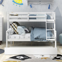 Twin Over Full Bunk Bed with Trundle, Solid Wood Low Bunk Bed Frame with Ladder and Safety Rails Convertible into 2 Separate Beds for Kids Boys Girls No Box Spring Needed, Easy Assembly, White