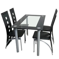 5 Pieces Dining Table Set, 43" Kitchen Table with Tempered Glass Tabletop & 4 PU Padded Dining Chairs, Modern Dining Table Set for 4 with Stainless Legs, Black