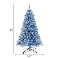 6FT Snow Flocked Christmas Tree, Pre-Lit Hinged Artificial Fir Christmas Tree w/750 Branch Tips, 300 Warm White LED Lights and Foldable Metal Stand, Xmas Tree Home Holiday Decoration, Blue