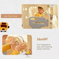 5-in-1 Slide and Swing Set, Toddler Slide Swing Set with Bus Play Structure, Freestanding Slide Set with Climber and Basketball Hoop, Toddler Playground Indoor Outdoor, Gray