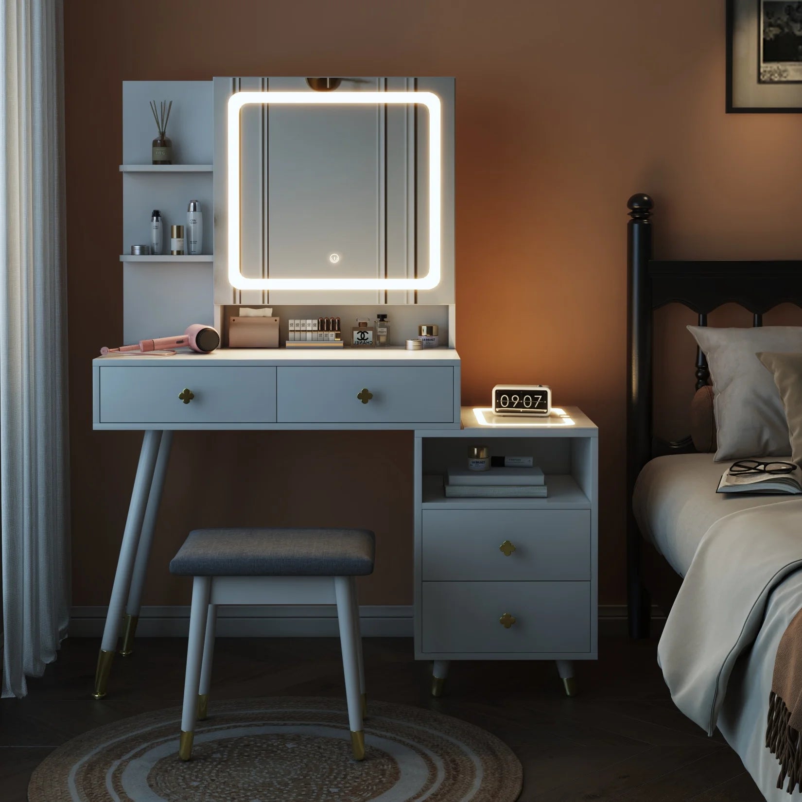 Vanity Makeup Mirror Desk with Cushioned Stool, Makeup Vanity Desk with Lights and Multi-Storage Choice, White Dressing Table for Girls, Wife, Daughter, Mother, Adjustable Light Brightness