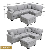 L-Shape Large Sectional Sofa Set, 89.8*60.2" 5-Seat Modular Couch Set with Convertible Ottoman, Linen Fabric Corner Couch Set with 2 Pillows, for Living Room Apartment Office, Gray