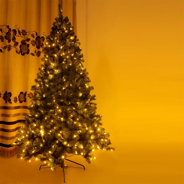 7.5 FT Pre-lit Christmas Tree, Artificial Hinged Xmas Tree with 400 Pre-strung Led Lights, 1420 Branch Tips and Foldable Stand for Holiday Decoration, Easy Assembly, Green