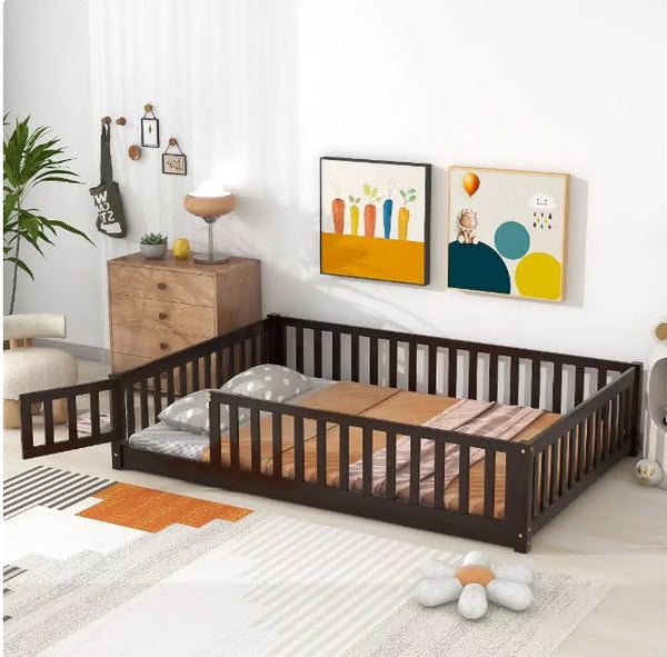 Full Size Floor Bed for Toddlers and Kids, Solid Wood Montessori Floor Bed with Safety Fence Rail and Small Door, Durable Montessori Bed Frame with Sturdy Slats Support for Boys and Girls, Espresso