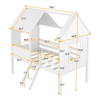 Twin House Loft Bed with Roof for Kids, Low Wooden Bed Frame with Ladder and Fence Guardrails, Montessori Bed with Two Side Windows for Boys Girls Bedroom, No Box Spring Needed, White