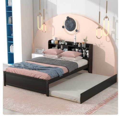 Full Bed with Trundle, Full Size Platform Bed with Bookcase Headboard and Pull Out Trundle Bed for Kids Teens Adults, Wooden Twin Bed Frame with Storage Shelves, Bed Frame for Living Room, Espresso