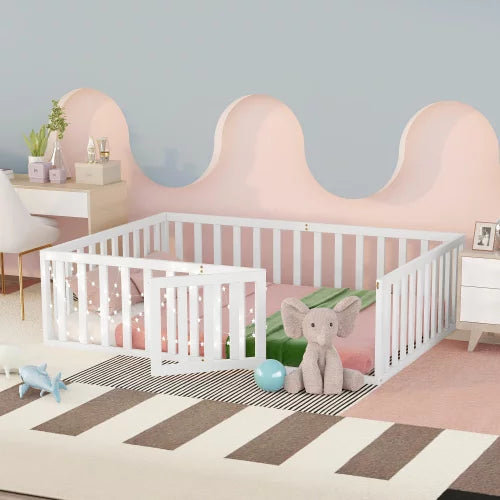 Full Size Montessori Floor Bed for Kids,Solid Wood Floor Bed Frame with Fence and Door, Bed Frame for Kids Toddlers,Box Spring Needed