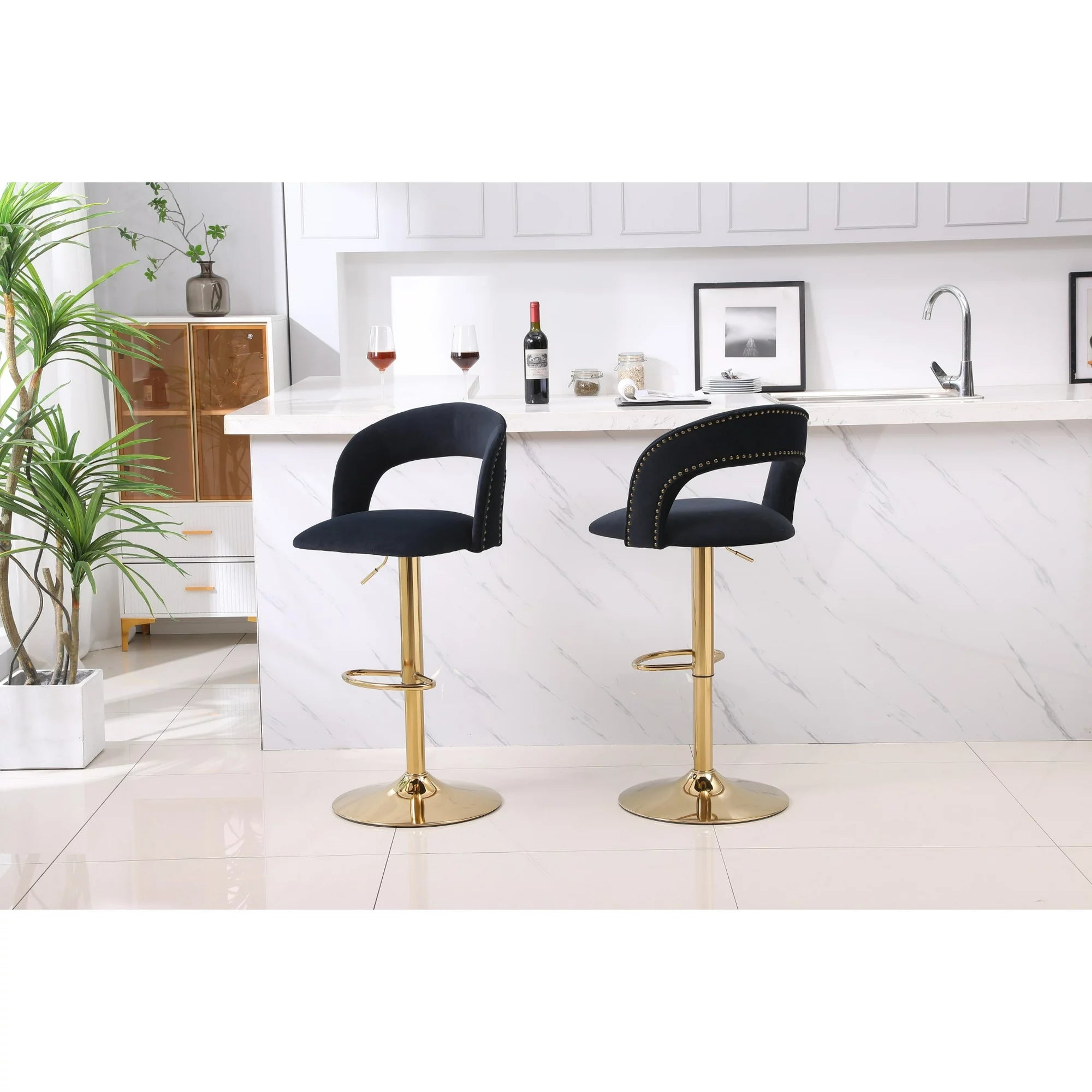 Bar Stool Set of 2, Velvet Swivel Bar Stools, Adjustable Counter Height Swivel Barstools with Back and Gold Base for Kitchen Island Pub Dining Room, 20.1