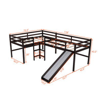 L-Shaped Loft Bed with Slide, Twin Size Low Loft Bed Frame with 2 Built-in Ladders and Full-length Guardrail Multifunctional Loft Bed Perfect for Boys Girls Noise Free, No Box Spring Needed, Espresso