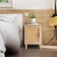 Rattan Nightstand, Rattan Cabinet, Nightstand with Rattan Decorated Door and Solid Wood Legs, End Table with Storage for Bedroom, Living Room, Hallway and Small Spaces, Rustic Natural