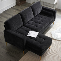 Modular Sectional Sofa with Chaise Lounge, 85" L-Shape Sectional Couch with 2 Pillows and Golden Tripod Legs, Chenille 3-Seater Sofa for Living Room, Apartment, Black