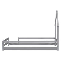 Twin Size Floor Bed, Wooden Montessori Bed Fence Bed with House Shape Headboard, Wood House Bed Platform Bed, for Boys Girls, Low to Ground Height, No Box Spring Needed, Grey