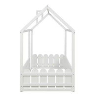 Twin House Bed, Floor Bed with Roof and Fence, Solid Wood Bed Frame for Kids Teens Girls Boys, Not included Slats, Box Spring Needed, No Limit Weight Capacity, White