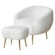 Modern Faux Fur Accent Chair with Ottoman, Teddy Velvet Barrel Chair, Comfy Living Room Armchair Ottoman Set with Gold Metal Legs, Upholstered Flurry Single Sofa Leisure Chair with Footrest, White