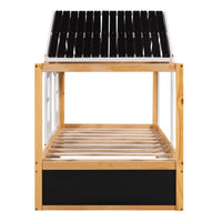 Twin Size House Shaped Canopy Bed, Fun House Bed with Black Roof, White Window, Blackboard, Little Shelf, Multi-functional Bed Frame for Children, White