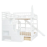 Full Over Full Bunk Bed Castle Style, Wooden Bunk Bed Frame with Stairs, Slide, Storage Drawers and Shelves, Stairway Bunk Beds for Children, Boys, Girls, Adults, White