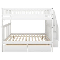 Full over Full Bunk Bed with Two Drawers and Storage, Multifunction Wood Bunk Bed with Staircase, Storage Shelves and Safety Guardrail, No Box Spring Needed, White
