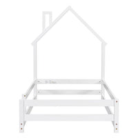 Twin Size Floor Bed Wooden Montessori Floor Bed with House-Shaped Headboard and Fence Guardrails Twin Bed Frame for Girls and Boys, No Weight Limit, White
