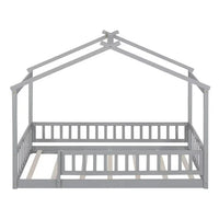 Twin Size Montessori Bed for Kids, Wood Floor Bed Frame, House Bed Frame with Fence & Roof, Solid Wood Playhouse Bed for Girls Boys Teens, Gray