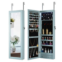 Jewelry Storage Cabinet Mirror, Modern Hanging Wall Cabinet with LED Lights and Inner Storage Shelves, Fashion Locking Storage Cabinet with Metal Hook for Living Room, Easy Assembly, Blue