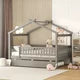 Full Size House Bed with Trundle, Wood Full Bed Frame with Roof and Fence-Shaped Guardrail, Montessori Bed for Teens, Boys or Girls, Grey
