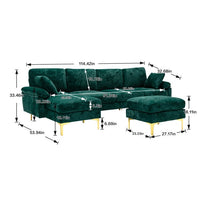 L Shaped Sectional Sofa Couch with Removable Ottoman, Velvet Sectional Couches for Living Room, Wooden Convertible Sectional Sofas with Rose Gold Metal Legs for Living Room, Apartment,Emerald