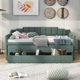 Twin Size Upholstered Daybed with Twin Size Trundle and Three Drawers, Linen Storage Sofa Bed Daybed with Backrest and Wooden Slat Support, Solid Wood Daybed Frame for Home, Green