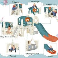 7 in 1 Toddler Slide Set with Arch Tunnel and Freestanding Castle,Kids Climber Slide Playset with Basketball Hoop,Children's Slide,Outdoor Indoor Playground,Blue