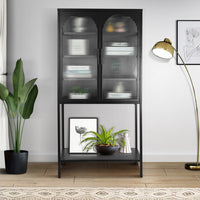 Sideboard Buffet, Fluted Glass Cabinet with Adjustable Shelves and Open Bottom Shelf, Kitchen Cupboard Storage Cabinet with 2 Glass Doors, Tall Freestanding Display Cabinet for Living Room, Black