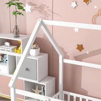 Full Size Floor House Bed with Roof, Kids Floor Bed with Full Length Fence, Playhouse Montessori Bed, Wooden Platform Bed Frame for Kids Teens Girls Boys, Box Spring Needed, White