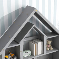 Twin Bed Frame with Fence Railings and House-Shaped Storage Headboard, Wood House Shape Twin Size Platform with 2 Drawers for Kids Boys Girls, Safety Guardrails Design, Gray