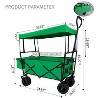 Portable Wagon Cart with Wheel, Utility Collapsible Kids Wagon with Canopy, Outdoor Beach Trolley Cart for Garden Camping Picnic Sports, Weight Capacity 250lbs, Green