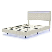 Queen Bed Frame with Led Lights,Upholstered Platform Bed Frame with USB Charging and Headboard, PU Floating Bed Frame for Living Room, Strong Wood Slat Support,No Box Spring Needed,Beige