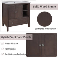 30" Bathroom Vanity Without Sink, Bathroom Vanity Cabinet Base Only, Freestanding Bath Vanity with Soft Close Doors and Drawer, Solid Wood Frame Bathroom Cabinet with Adjustable Shelf, Brown