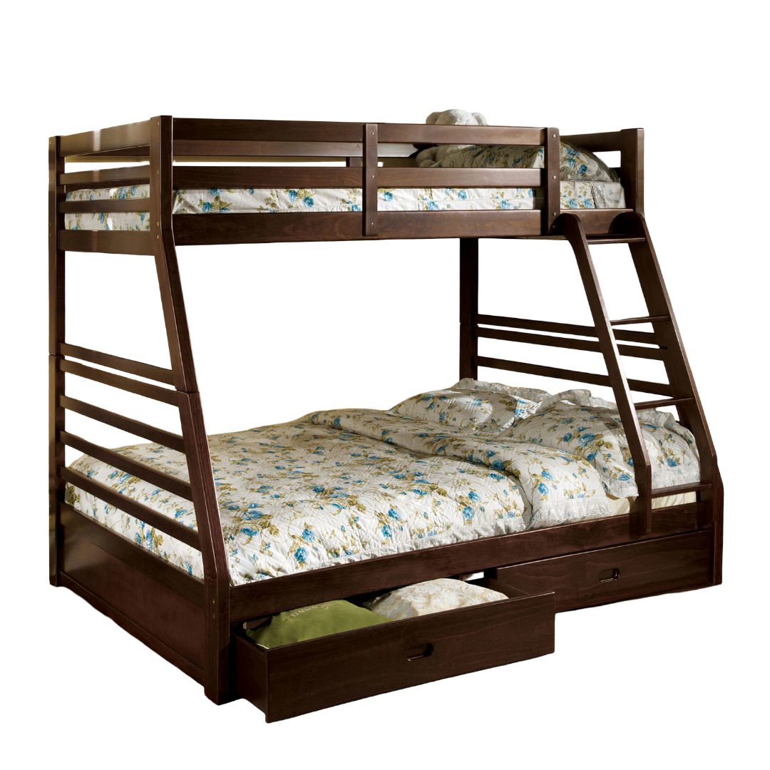 Triple Tree Modern Transitional Bunk Bed Twin Over Full With Attached Ladder And Two Large Drawers For storage Made Of Solid Wood Dark Walnut