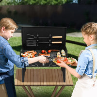 Camping Campfire Grill with Lid, Portable Folding Square Charcoal Grills, Adjustable Height Small BBQ Grill with Barbecue Spatula, Anti-scald Handle and Barbecue Spit for Outdoor Cooking, Bonfire