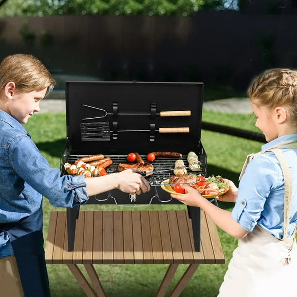 Camping Campfire Grill with Lid, Portable Folding Square Charcoal Grills, Adjustable Height Small BBQ Grill with Barbecue Spatula, Anti-scald Handle and Barbecue Spit for Outdoor Cooking, Bonfire
